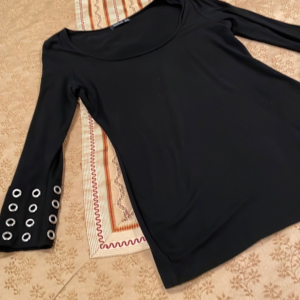 PattyBoutik top, black, gold rivet trim sleeves, rayon blend, M